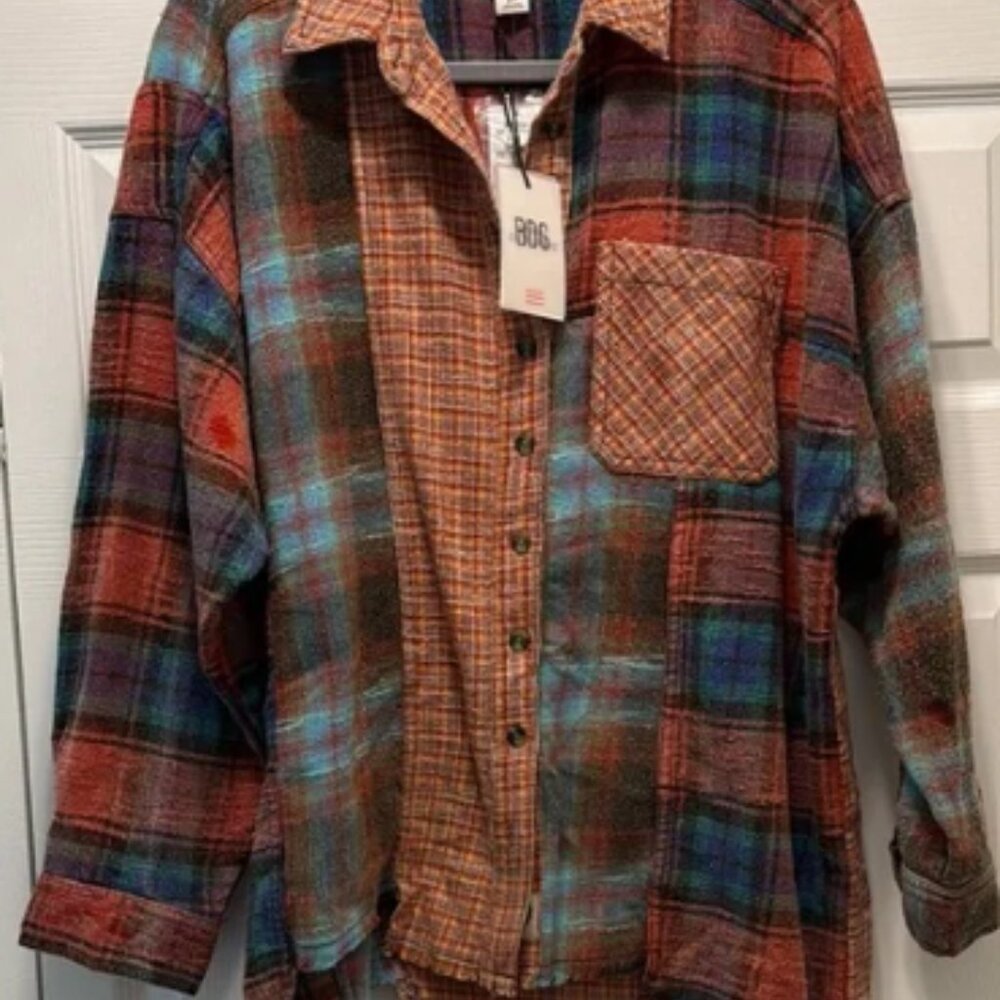 BDG Red and Blue Oversized Button Down Shirt
